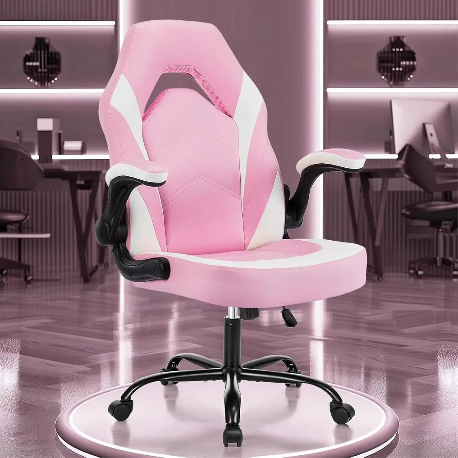 Gaming Chair with Ergonomic Lumbar Support, Big and Tall Office Desk Chair with Flip-up Armrests, 360° Swivel Wheels, PU Leather