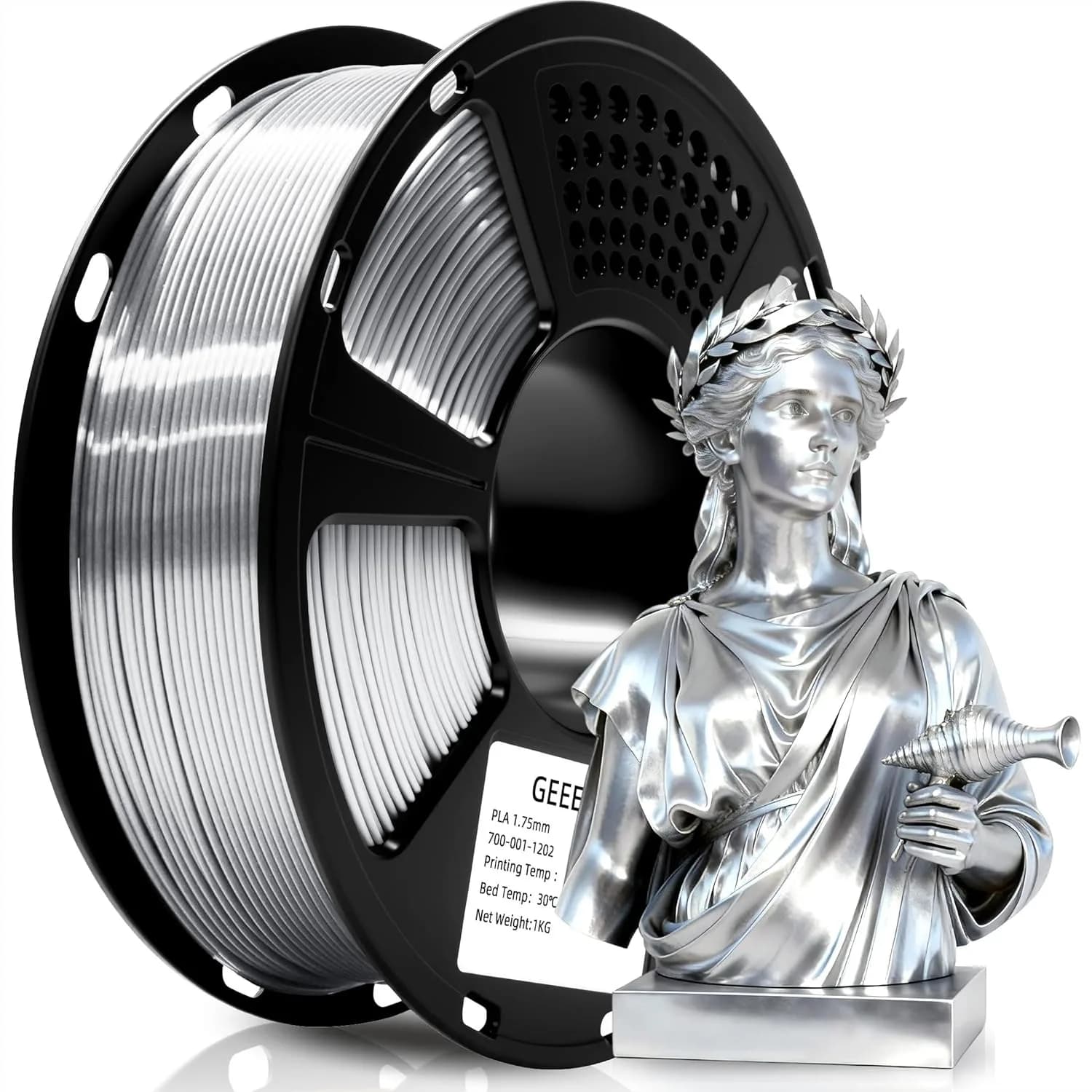 Filamento PLA Seta 1.75mm per Stampante 3D, Argento Metallizzato Lucido, Bobina da 1kg, Alta Precisione +/-0.02mm