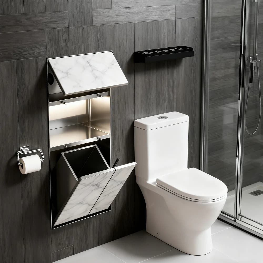 Nicchia a Muro Multifunzionale Moderna in Acciaio Inox con Porta Carta Igienica, Porta Scopino e Cestino Integrati