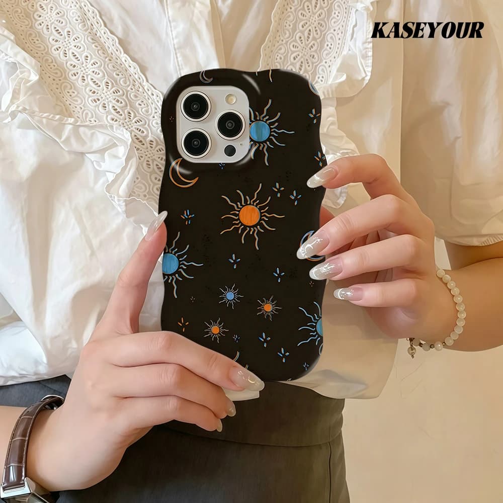 Custodia per telefono Sun Moon Glow Fashion 2 in 1 lucida per iPhone 13 14 15 16 17 Pro Max, cover posteriore rigida sottile con bordi ondulati