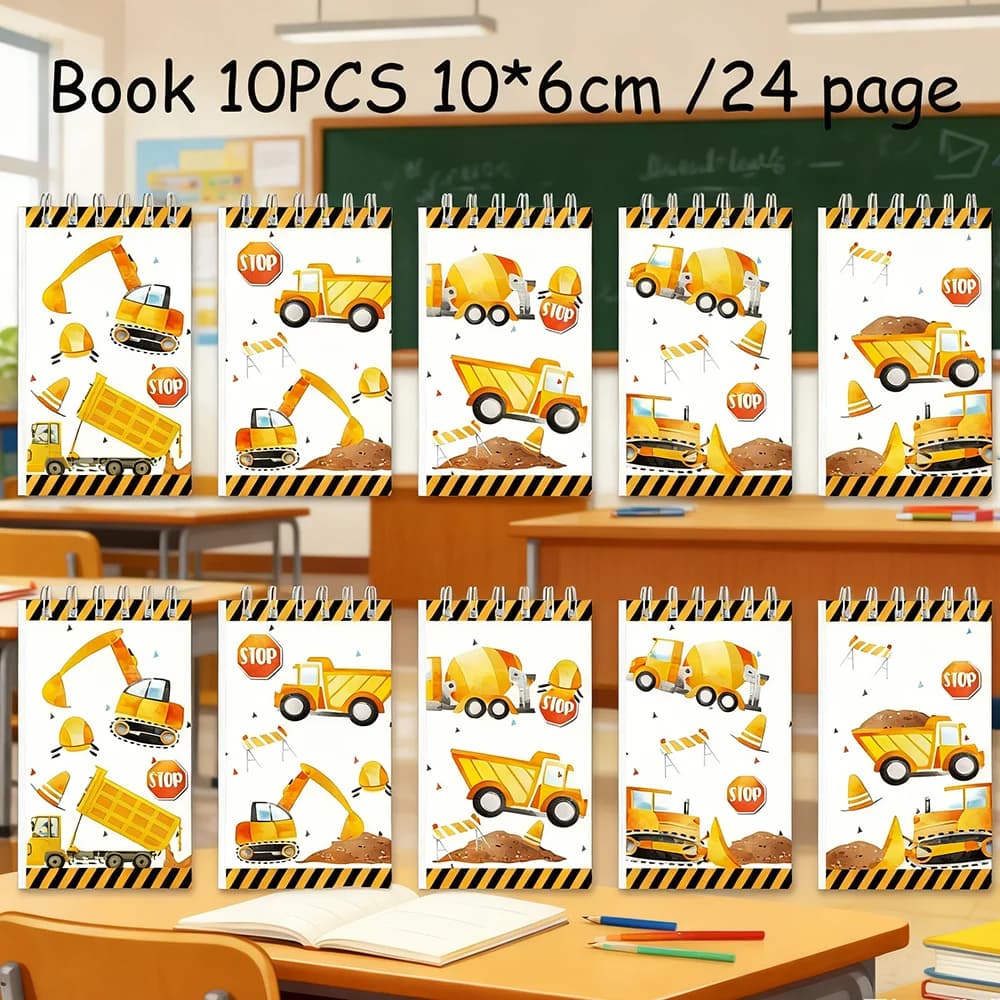 Mini blocco note da costruzione per notebook a spirale portatile a tema veicolo di ingegneria da 10 pezzi per bomboniere per bambini, premi scolastiche