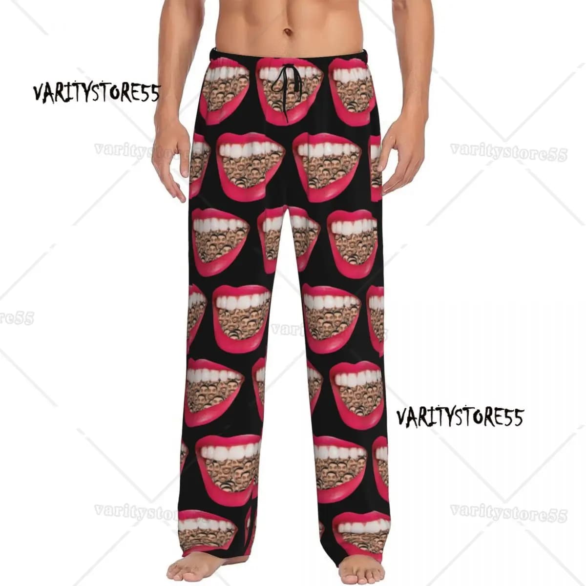 Pantaloni da pigiama con foto di bocca rosa da uomo con stampa personalizzata, pantaloni da pigiama per anniversario di matrimonio, pantaloni da notte con tasche