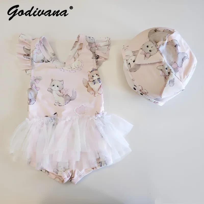 Costume da bagno intero per bambine, nuovo modello estivo 2026, senza maniche, con volant e inserti in rete, stampa simpatica gatta cartone animato