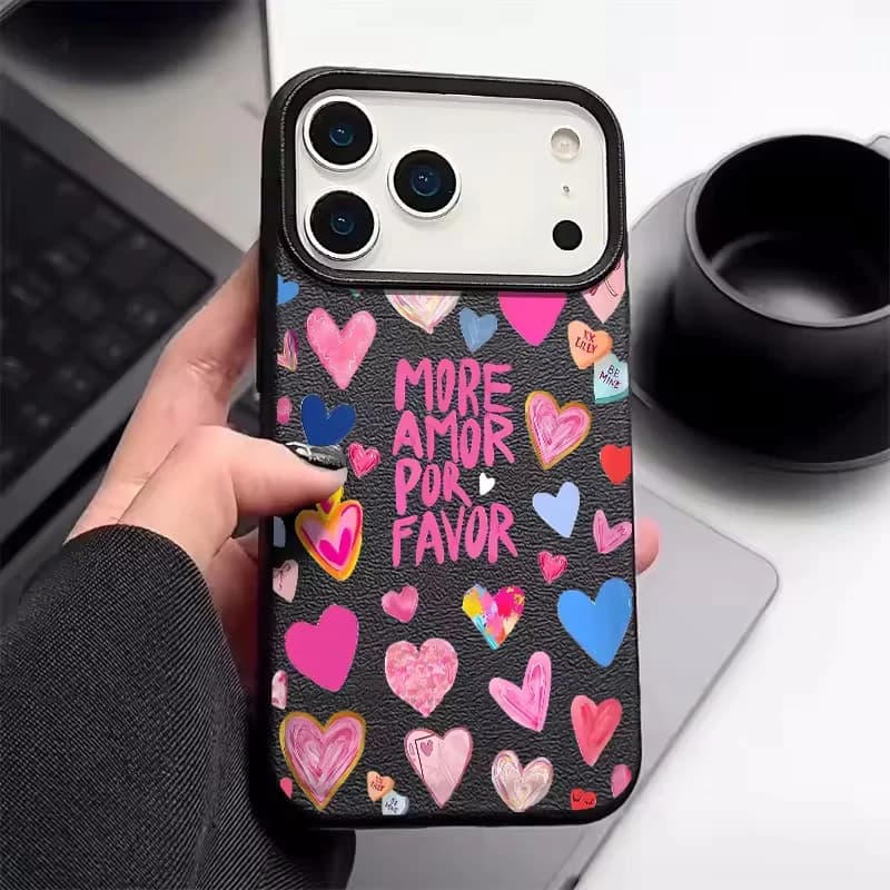 Love Heart Leopard Print Candy Leather Phone Case For iPhone Air 17 16 15 14 Pro Max 13 12 Pro Max 11 17 Pro Max Silicone Cover