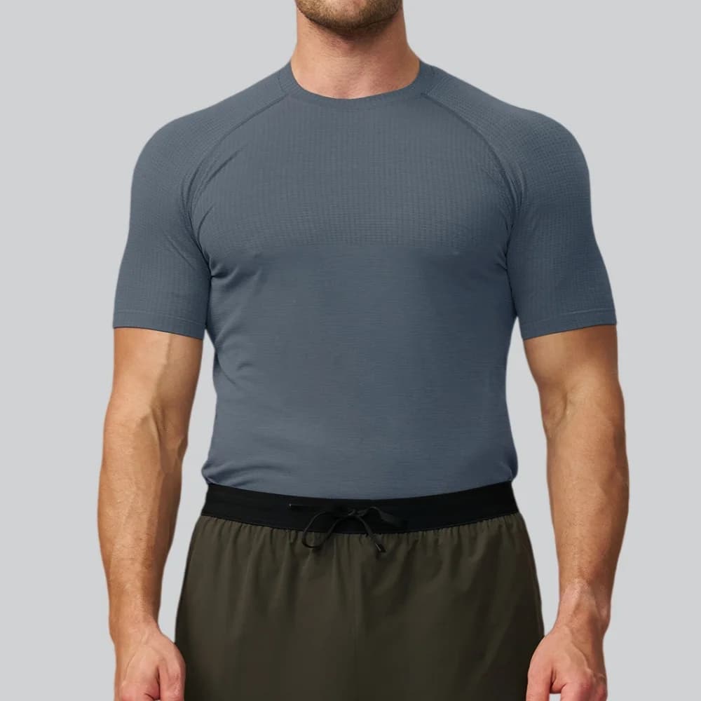 T-shirt sportiva da uomo a tinta unita, per palestra, allenamento, asciugatura rapida, manica corta, senza cuciture, traspirante, felpa da corsa, top fitness
