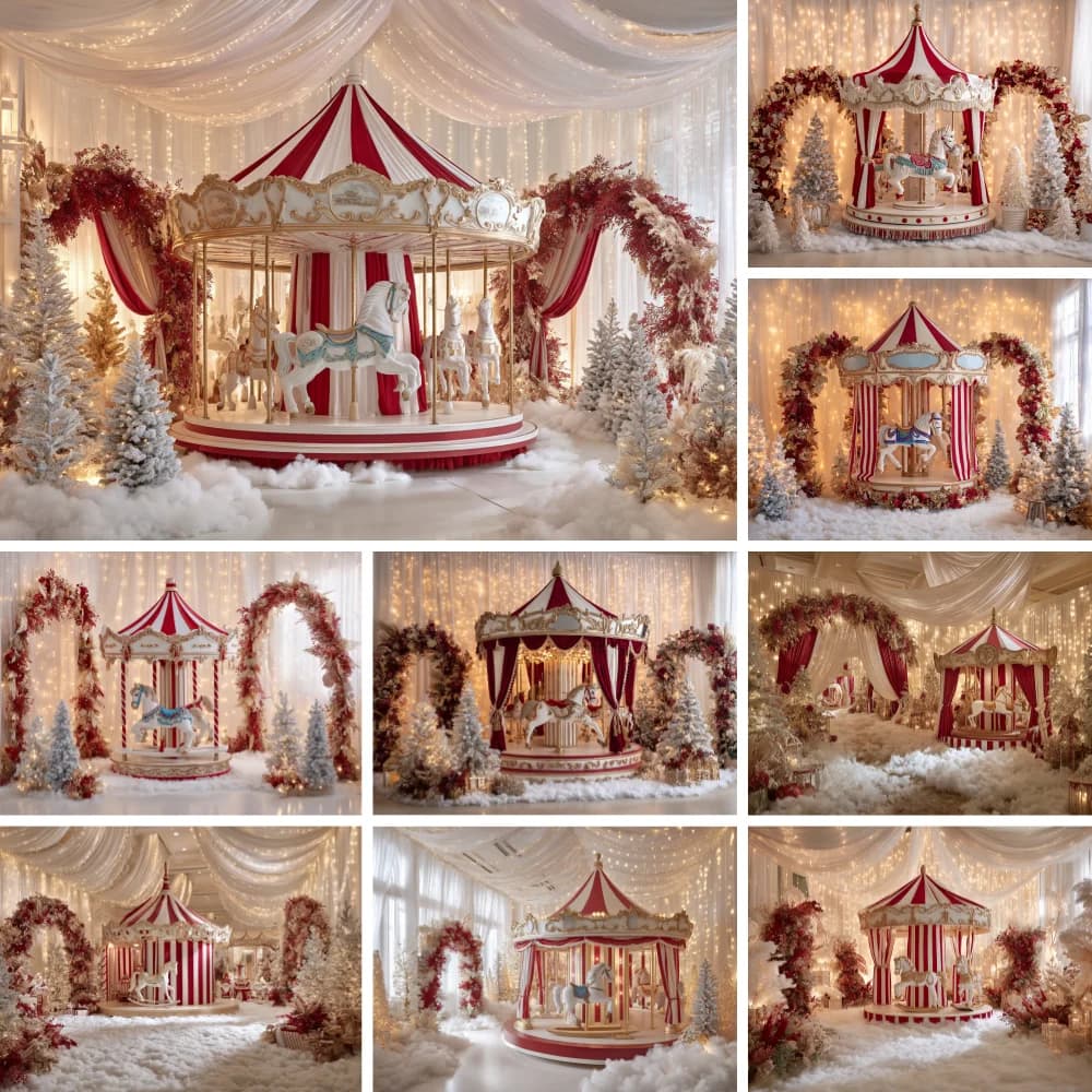 Red White Carousel Christmas Backdrop Draped Fairy Light Ceiling Arch Snow Tree Baby Holiday Portrait Photo Booth Background