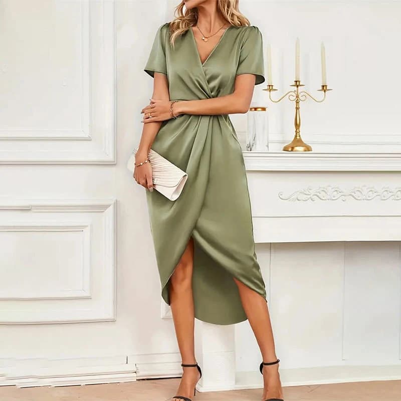 Luxury Satin Women Cross Neck Dress Summer New Irregular Hem Designed Short Sleeve Dress Evening Party Female Shirring Long Robe