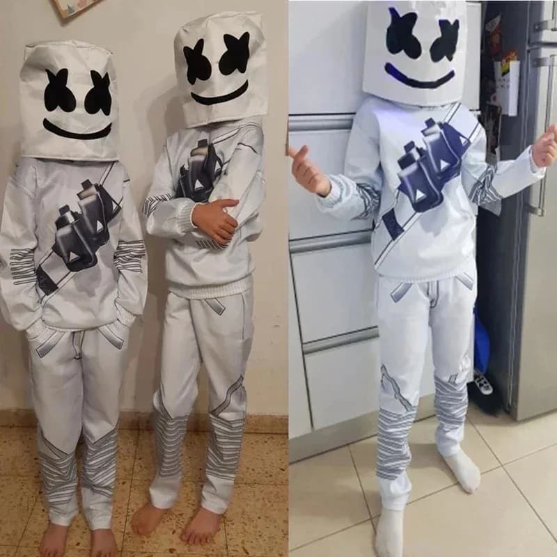 Anime Cosplay Bambini Costume di Halloween Ragazzi Marshmello DJ Maschera Interessante Tuta Copricapo Felpe con cappuccio Vestito Musica Natale Par 72th