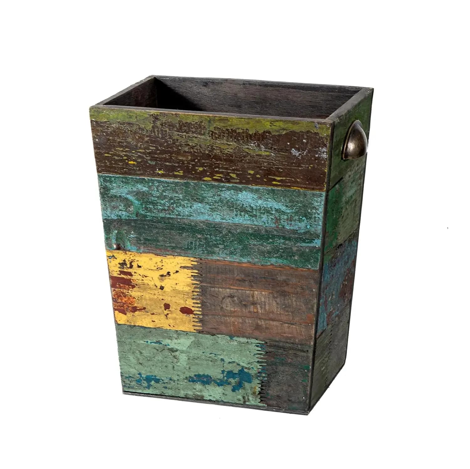 Piccolo Cestino in Legno, Contenitore per Rifiuti Rettangolare Stile Fattoria, Cestino Rustico Boho con Manici in Metallo