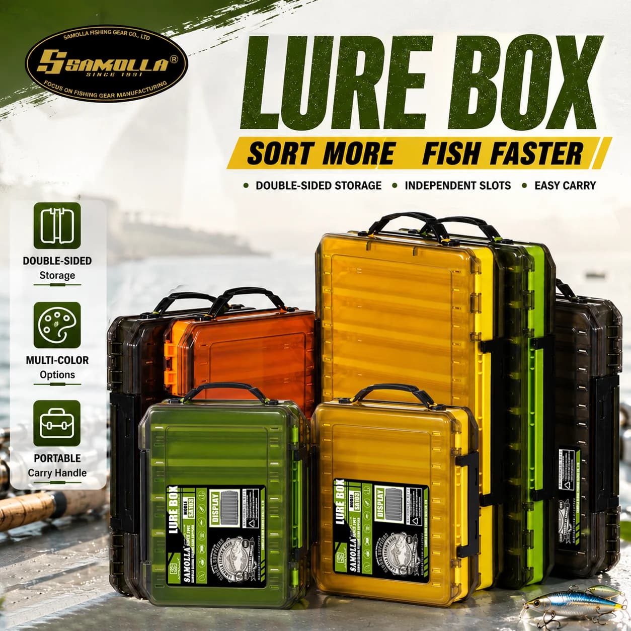 SAMOLLA 3pcs Double Sided Lure Baits Box Fishing Large Compartments Plastic Accessories Storage Tackle Container Case