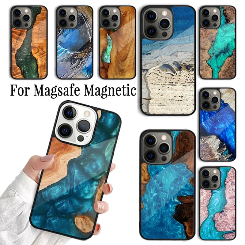 Cover per telefono in legno, resina e marmo per iPhone 17 AIR 16 15 14 13 12 11 Pro Max Plus, con supporto magnetico wireless Magsafe