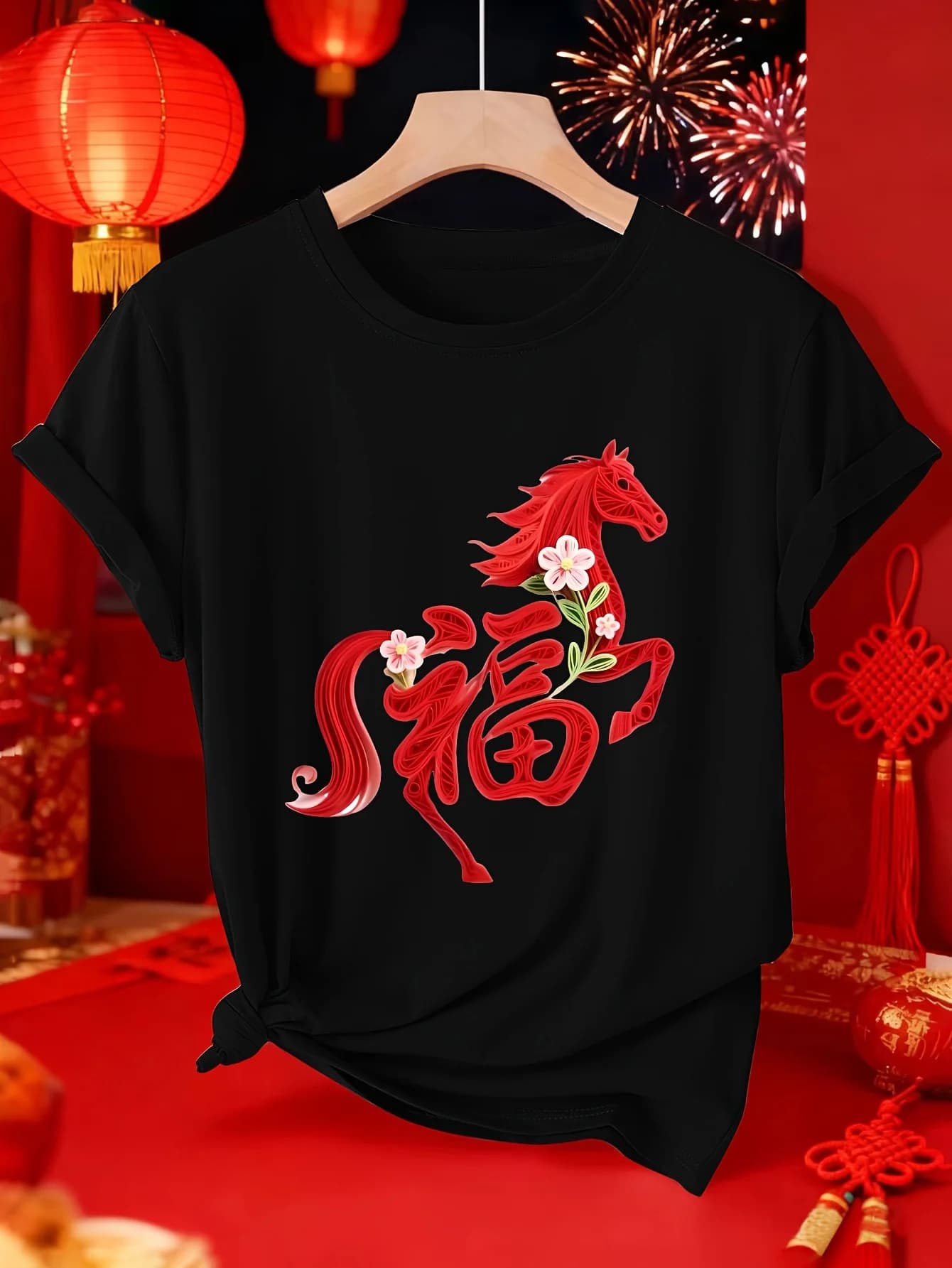T-shirt da donna elegante con disegno di cavalli e caratteri cinesi, casual, comoda, girocollo, manica corta, primavera/estate