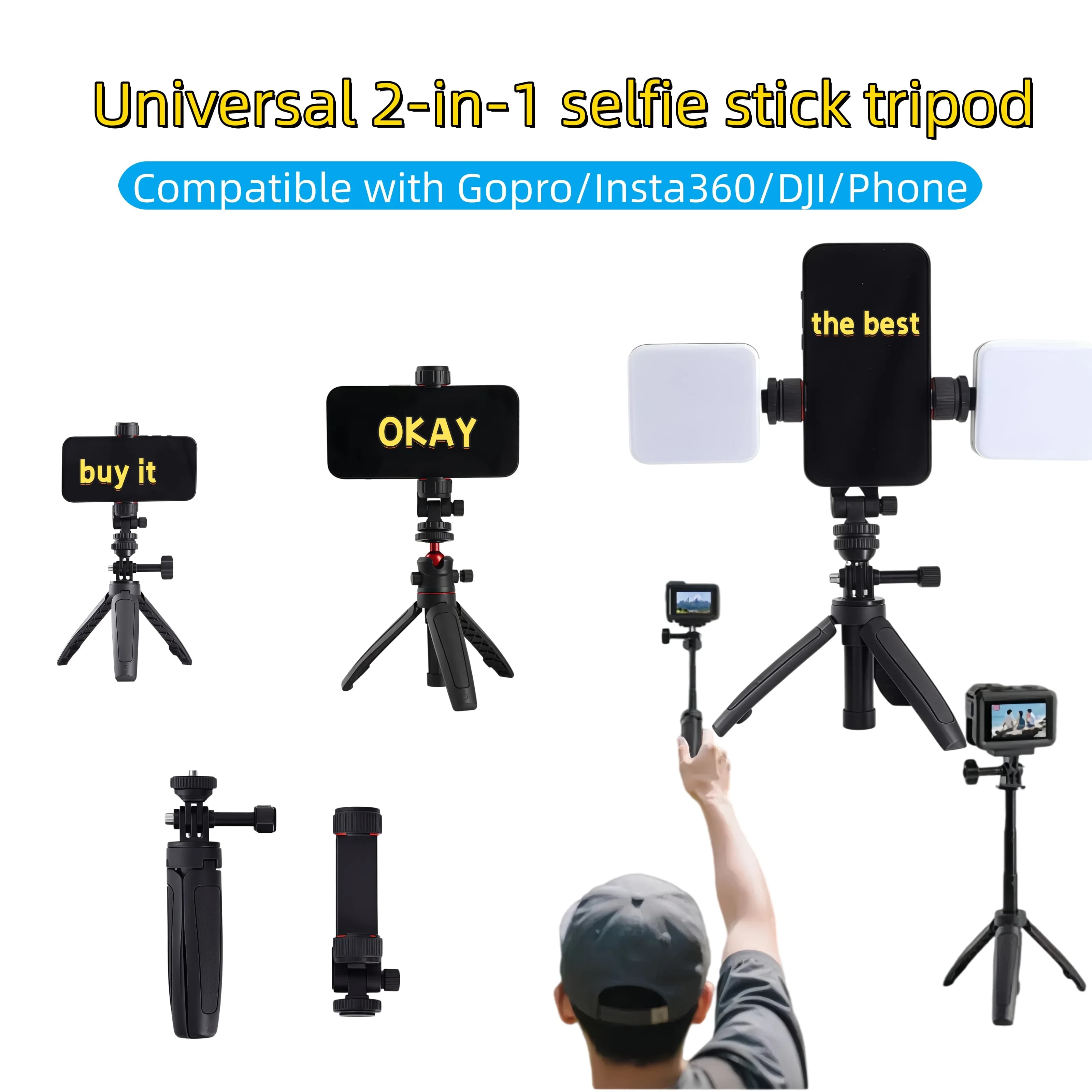 Mini Treppiede Selfie Stick a Sgancio Rapido, Portatile, Lunghezza Regolabile, con Luce di Riempimento per Accessori GoPro/Insta360/DJI/Telefono