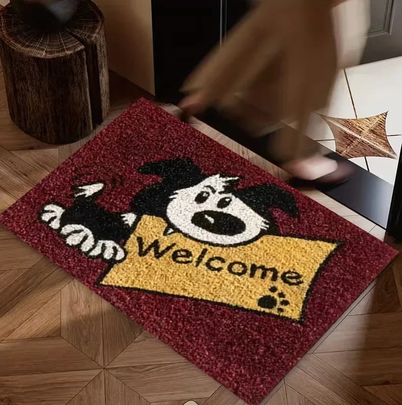 Wine Red Cartoon Puppy Welcome Text Floor Mat Non Slip Soft Rug Entryway Front Door Cute Pet Print Household Doormat