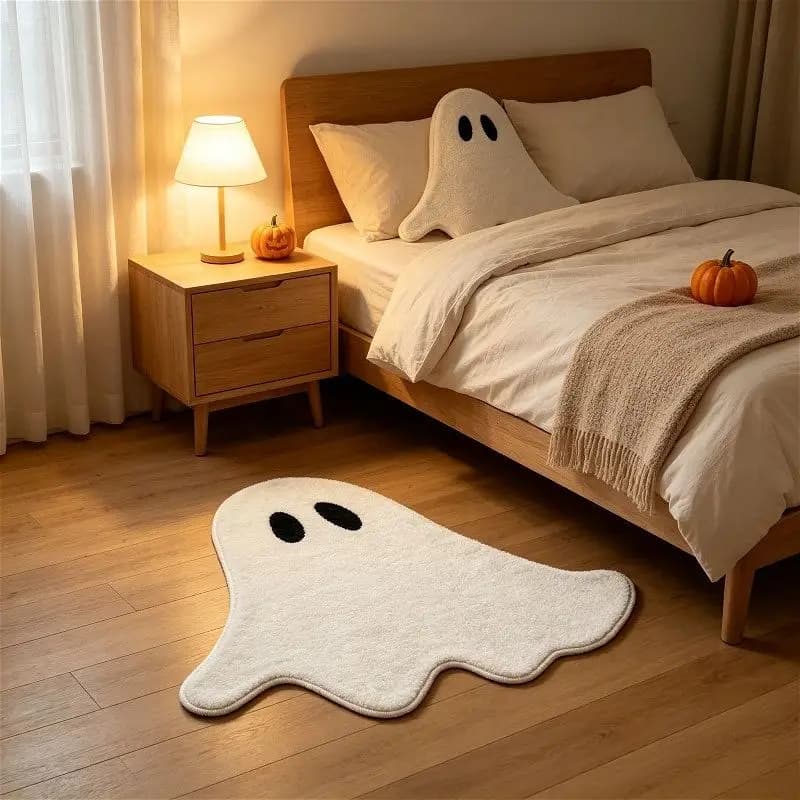 VIKAMA White Ghost Shaped Rug Halloween Cute Non Slip Soft Fluffy Irregular Floor Mat Entrance Bathroom Decor Carpet
