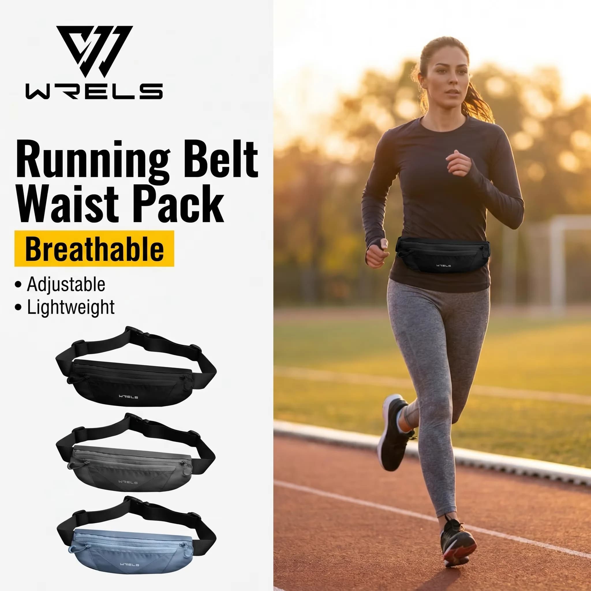 WRELS Running Belt Breathable Waist Pack Double Zip Fanny Pack Bulk Loading Nylon Adjustable Air Mesh Lightweight Running Pack