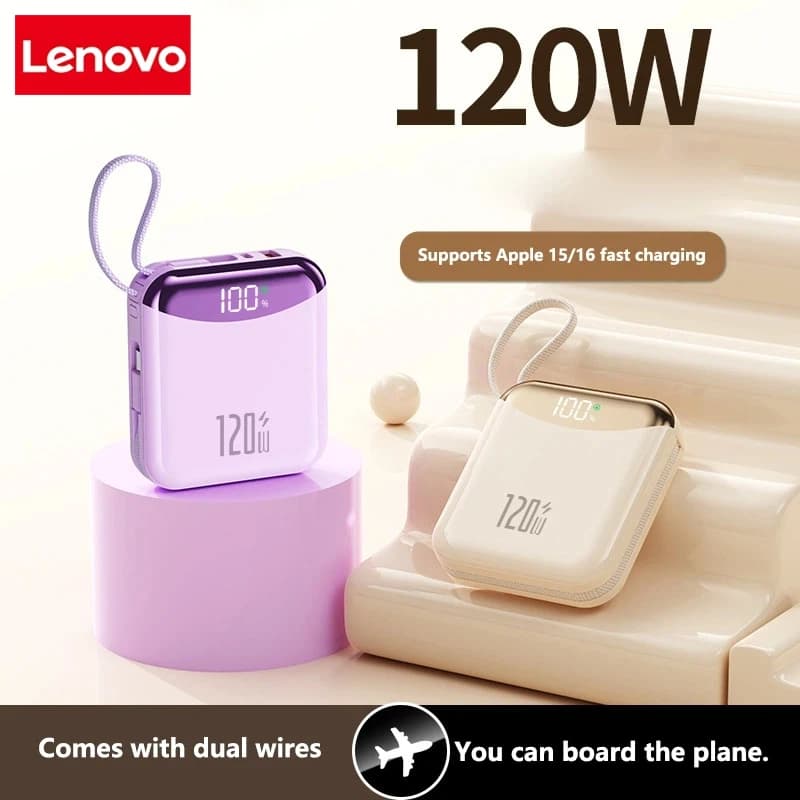 Lenovo 120W 30000mAh Fast Charging Power Bank Large Capacity Portable External Battery Comes with 2 Lines for IPhone 2026 NEW