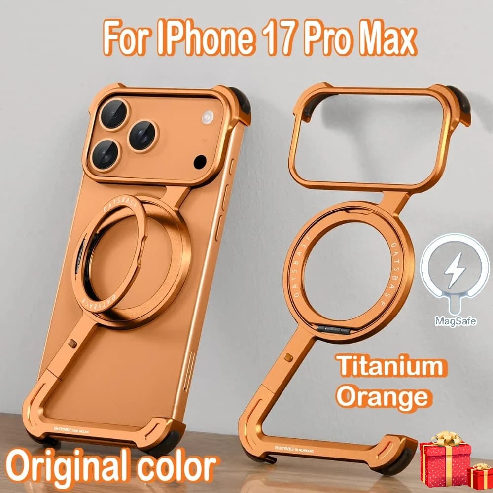 360 ° Supporto girevole per custodia Magsafe Titanium Orange per IPhone 17 Pro Max Air Metal senza telaio Proteggi copertura Premium antiurto