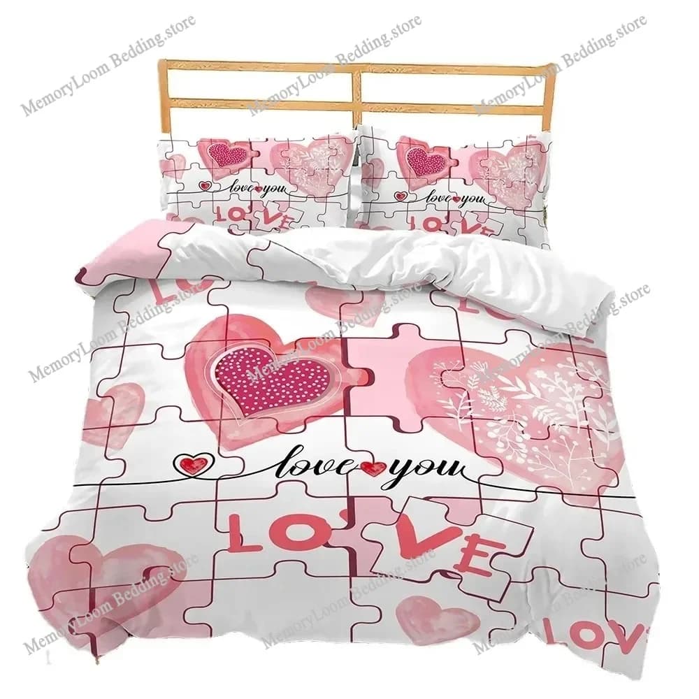 San Valentino Nome personalizzato Cuore d'amore Romantico Copripiumino 3D Set di biancheria da letto Trapunte Federe in lino Decorazioni per matrimoni Twin Queen
