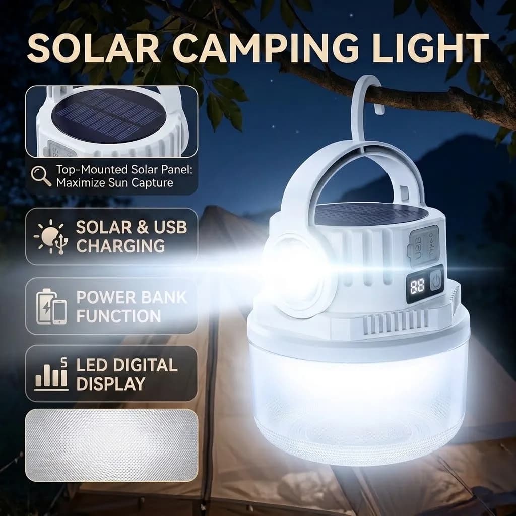 Solar Camping Light Dual Light Source Portable LED Night Lantern Power Bank Function Rechargeable Emergency Tent Lamp