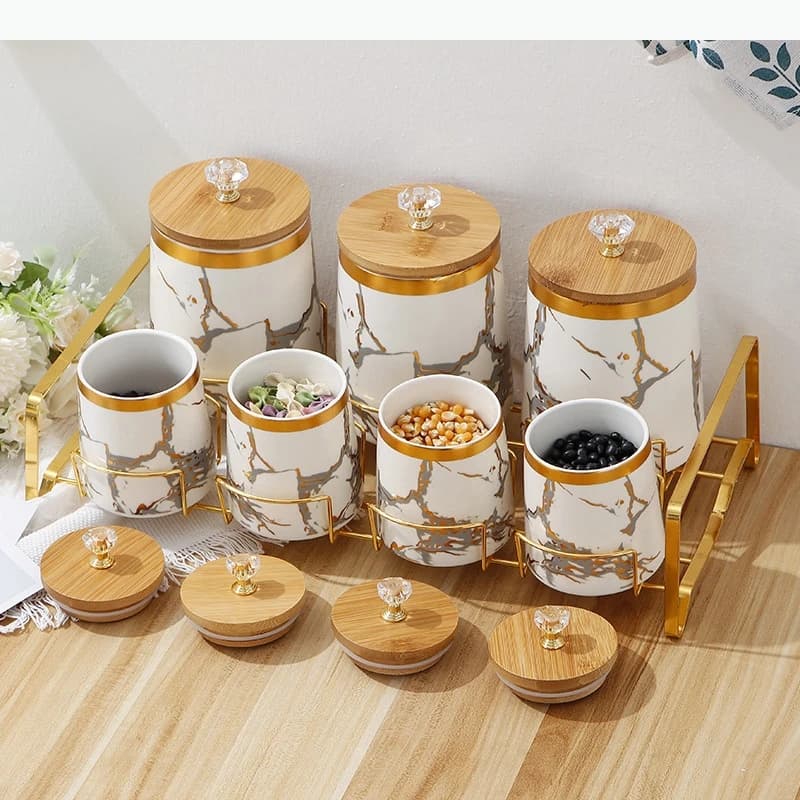 Ceramic Storage Jar Piece Set Airtight Jar Wooden Lid Storage Food Storage Box Tea Caddy Spice Jars Kitchen Storage