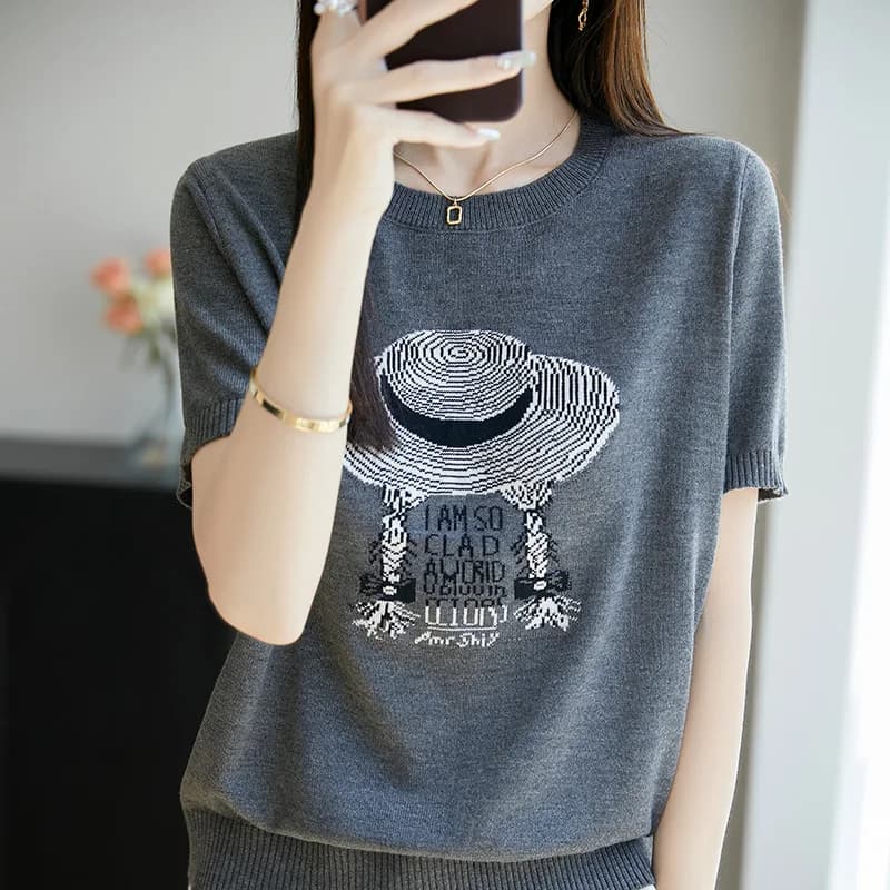 Grey Jacquard Short Sleeve Knitted T-shirt for Women 2026 Summer New Korean Edition Loose Design Knitted Thin Top Trendy
