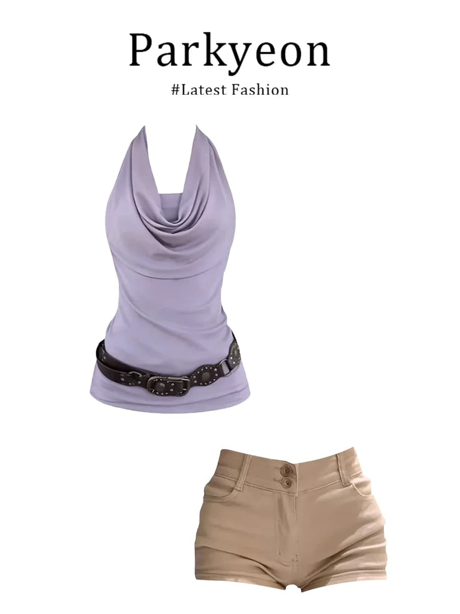 Parkyeon Summer Khaki Color Set Beautiful Hanging Neck Strap Vest Short Shorts Casual Style Fast Dry Function round Neck Top