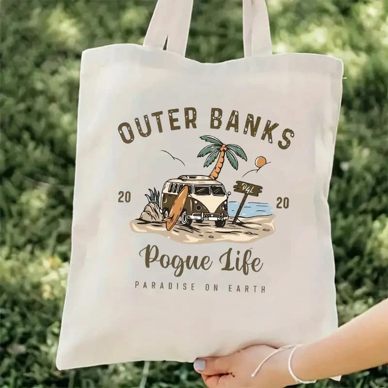 OUTER BANKS Borsa da Spiaggia Casual con Stampa Trendy, Bagaglio a Mano Portatile per Uso Quotidiano, Borsa in Tela Riutilizzabile