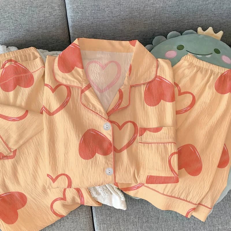 Love Print Coreano Dolce Carino 3 PC Pigiama da donna Nuovo Breve Estate Casual Morbido Pigiama per le donne Semplice Risvolto Collo Degli Indumenti da notte