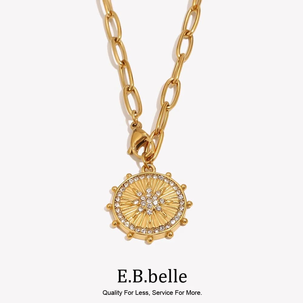 E.B,belle New Coin Size Round Eight Pointed Star Pendant Necklace PVD Plated Stainless Steel Women Party Chic Jewelry