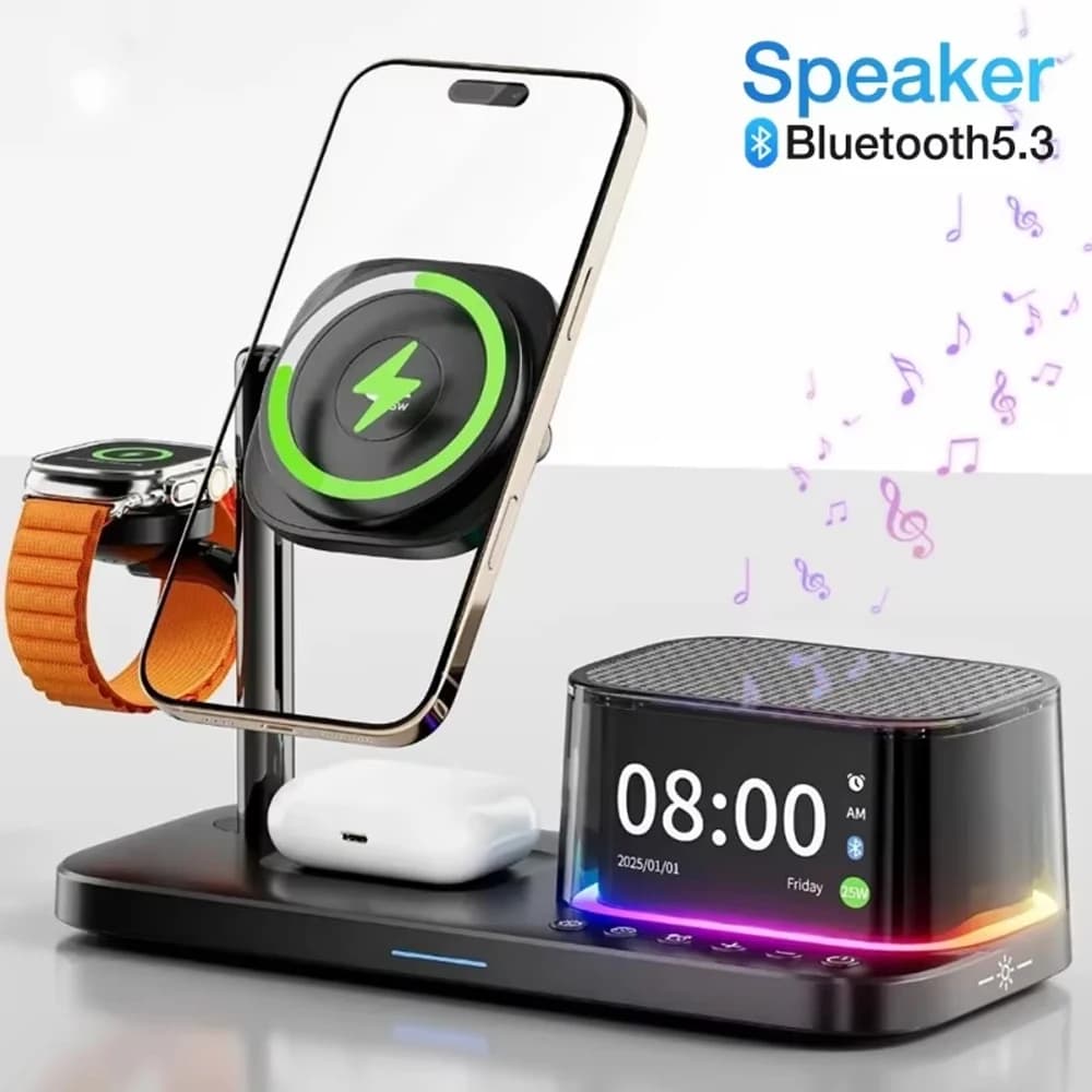 Caricatore Wireless Magnetico Rapido da 25W con Altoparlante Bluetooth e Sveglia per iPhone 17-12 Pro Max, Samsung, Apple Watch, Airpods