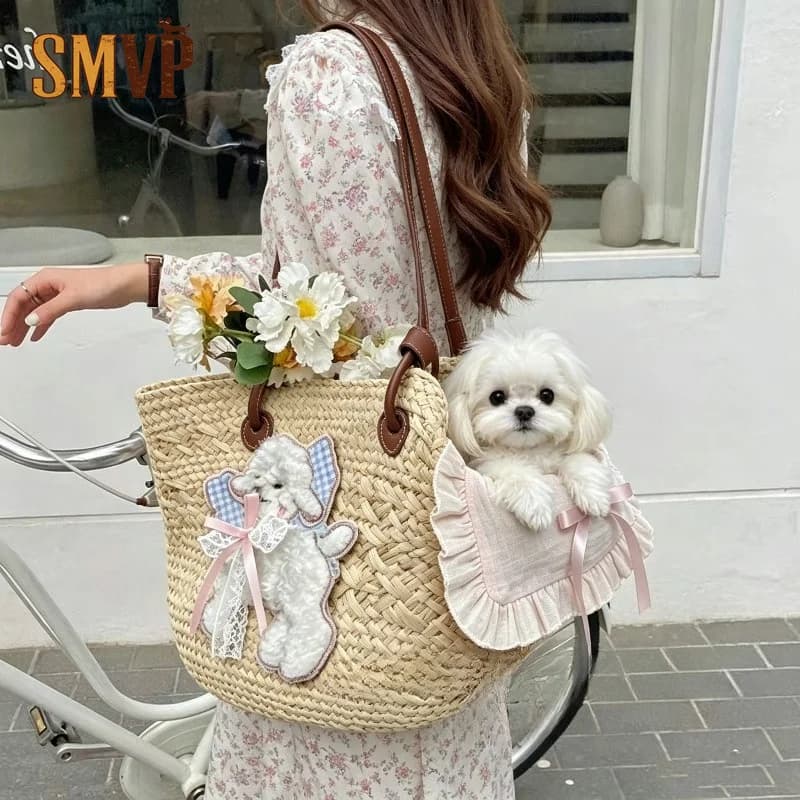 Woven Straw Pet Carrier Bag Cute Sheep Embroidery Adjustable Strap Breathable Single Shoulder Tote Bag for Pets Outdoor Travel