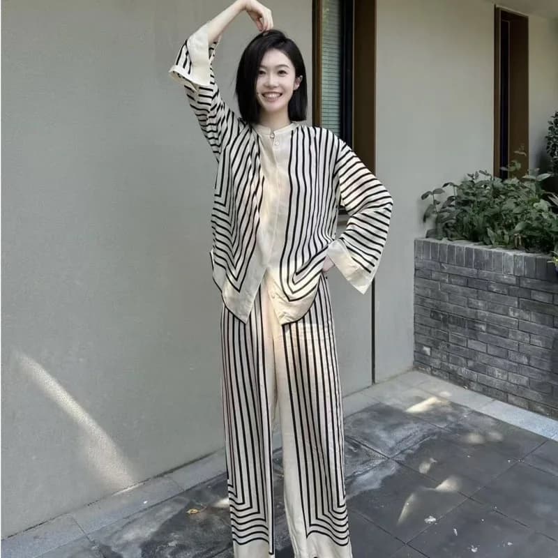 26 Spring Autumn Stripe Women Pajamas 2piece Set Cardigan Korean Style Wide-Leg Pants Casual Long-Sleeve Home Wear Nightgown