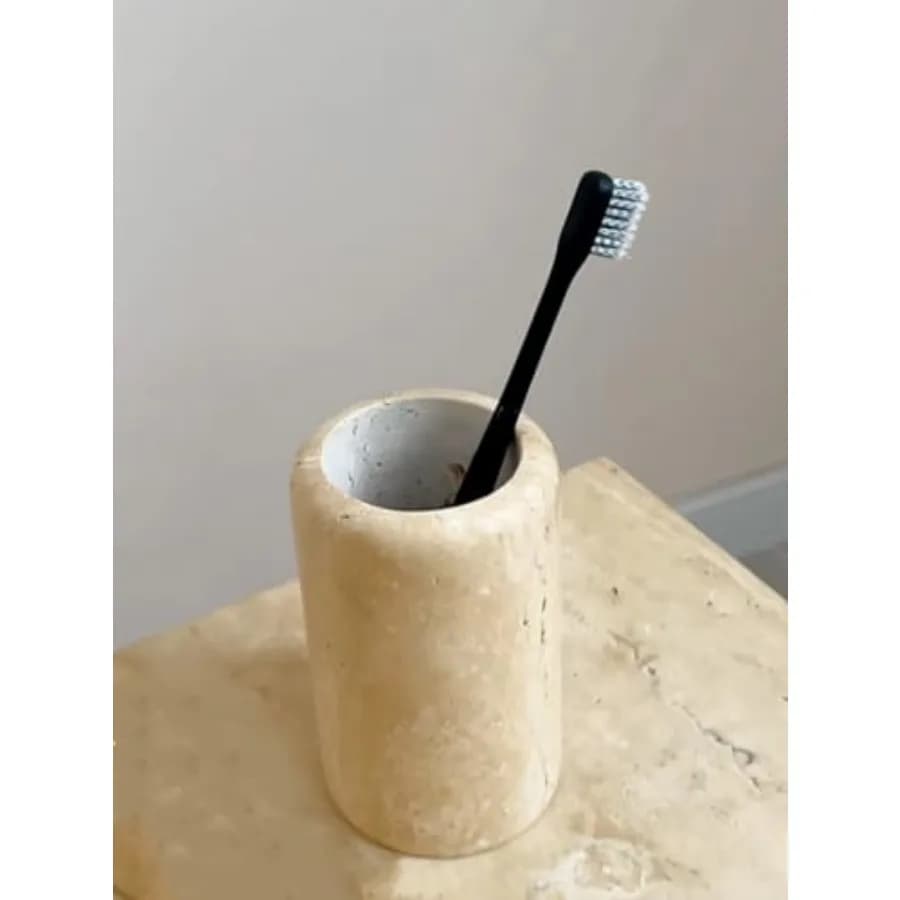 Portaspazzolino e Portapasta in Marmo Travertino Naturale di Lusso, Design Contemporaneo, Ottimo Anche Come Portapenne