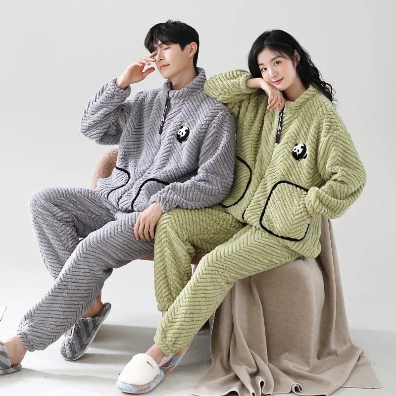Panda Cute Coral Fleece pigiama Set per coppie inverno caldo cerniera vestiti per la casa donne e uomini abbinati pigiama pigiama homme hiver