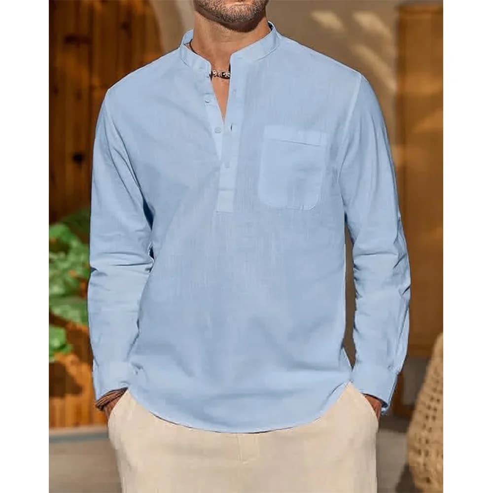 Cotton Linen Men's Long-sleeved Shirt Summer Solid Colour Henley Collar Casual Trendy Shirt Long Sleeve Men T-Shirt Daily Wear