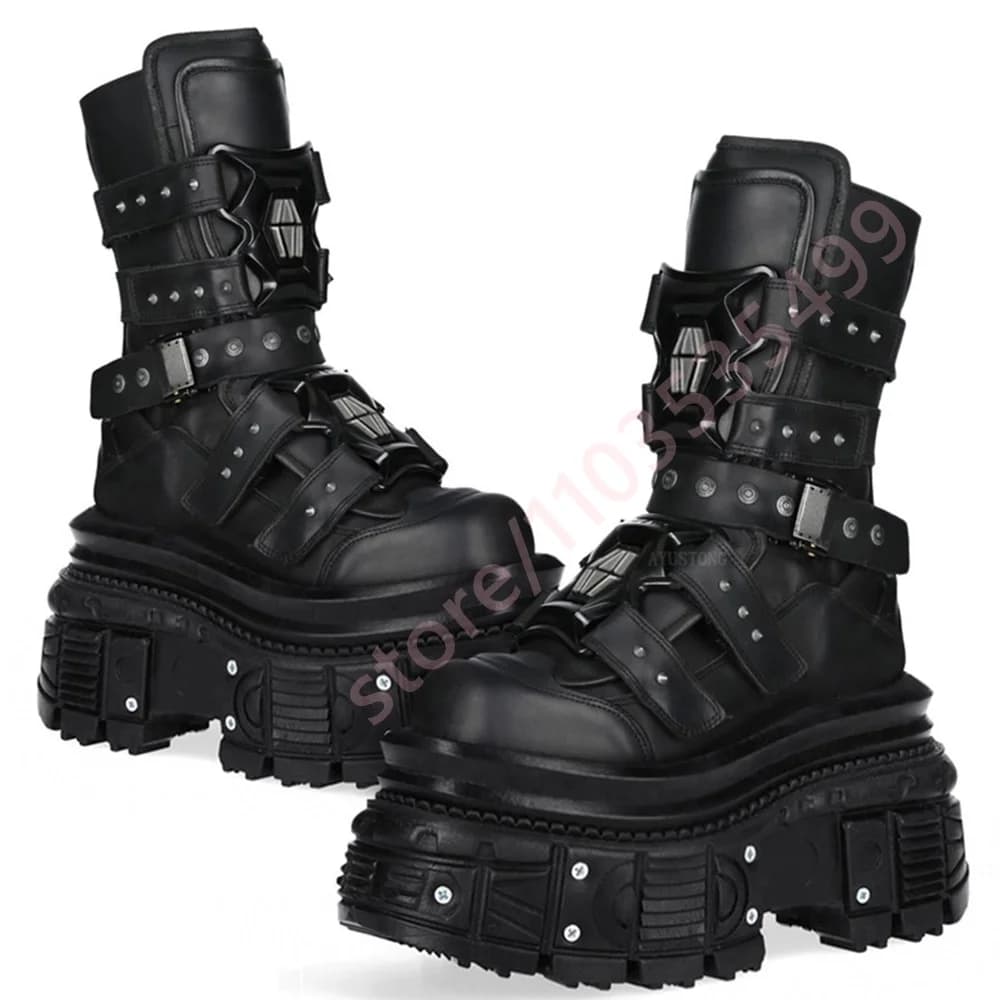 Black Punk Rock Studded Motorcycle Boots New 2026 Style Street Fashion Sports Casual Boots Thick Sole Round Gothic Mid-Calf Boot