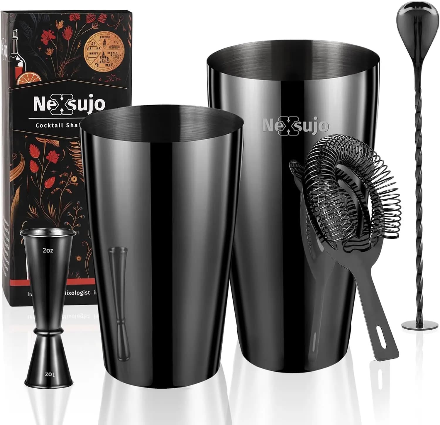 Set Professionale per Cocktail, 4 Pezzi di Utensili da Bar con Shaker Boston, Jigger, Cucchiaio e Colino, in Acciaio Inox Lavabile in Lavastoviglie
