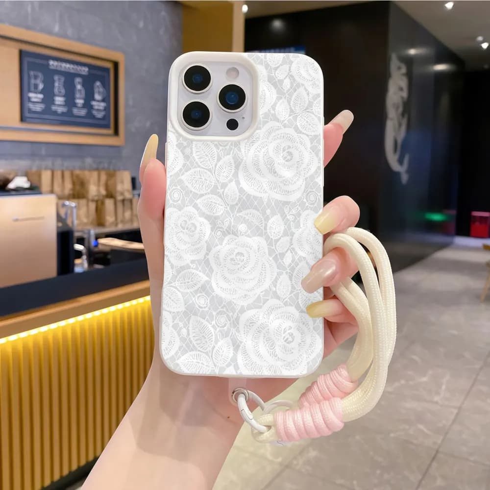 Phone Case For iPhone 17 Pro 16 Pro 13 15 14 12 11 Pro Max Air 15 16 Plus Shockproof Macaron Fundas Strap Ins Lace Rose Cover