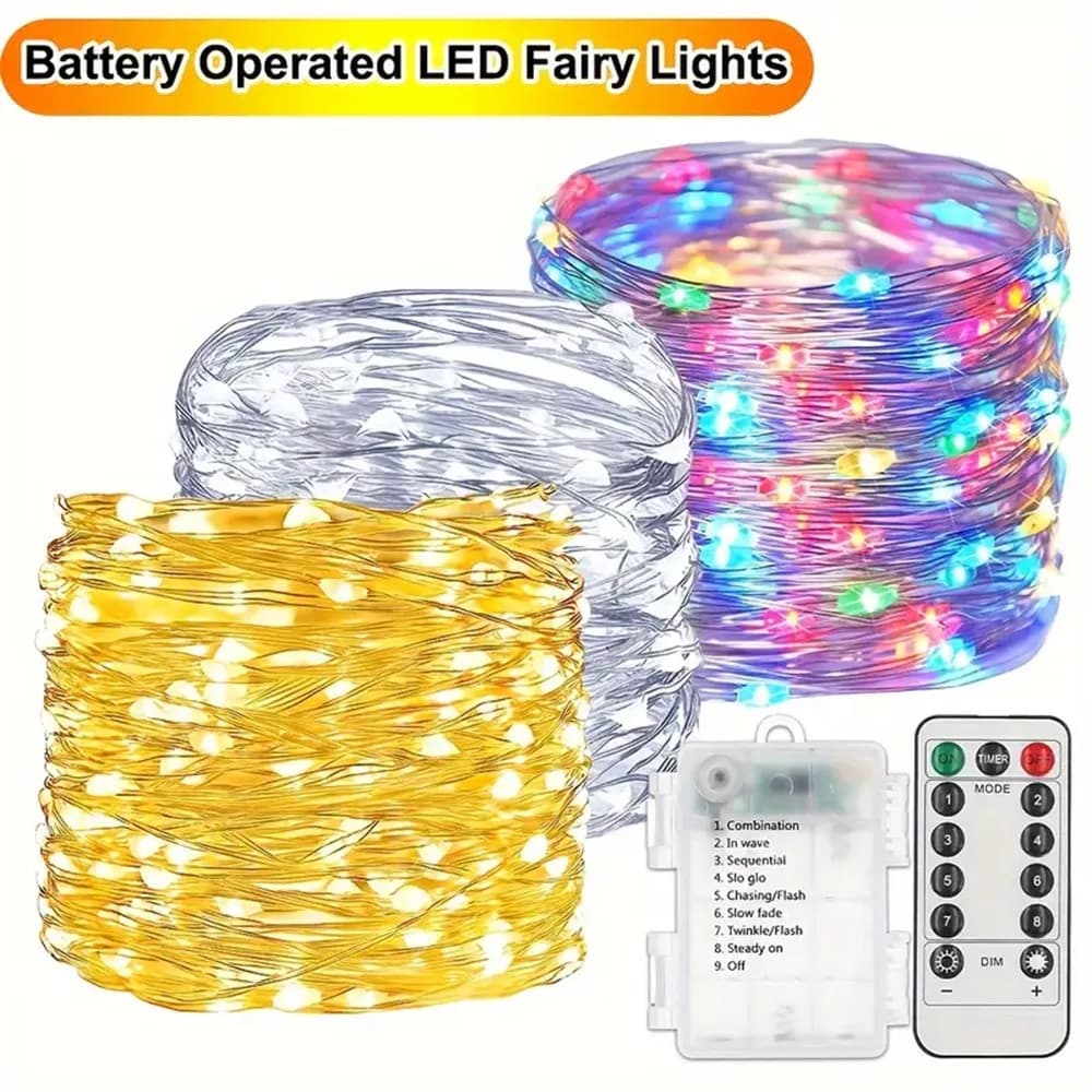 1PC 5M50LED/10M100LED Scatola batteria impermeabile Filo di rame Stringa luminosa con 8 modalità di illuminazione remota, utilizzata per la decorazione della festa