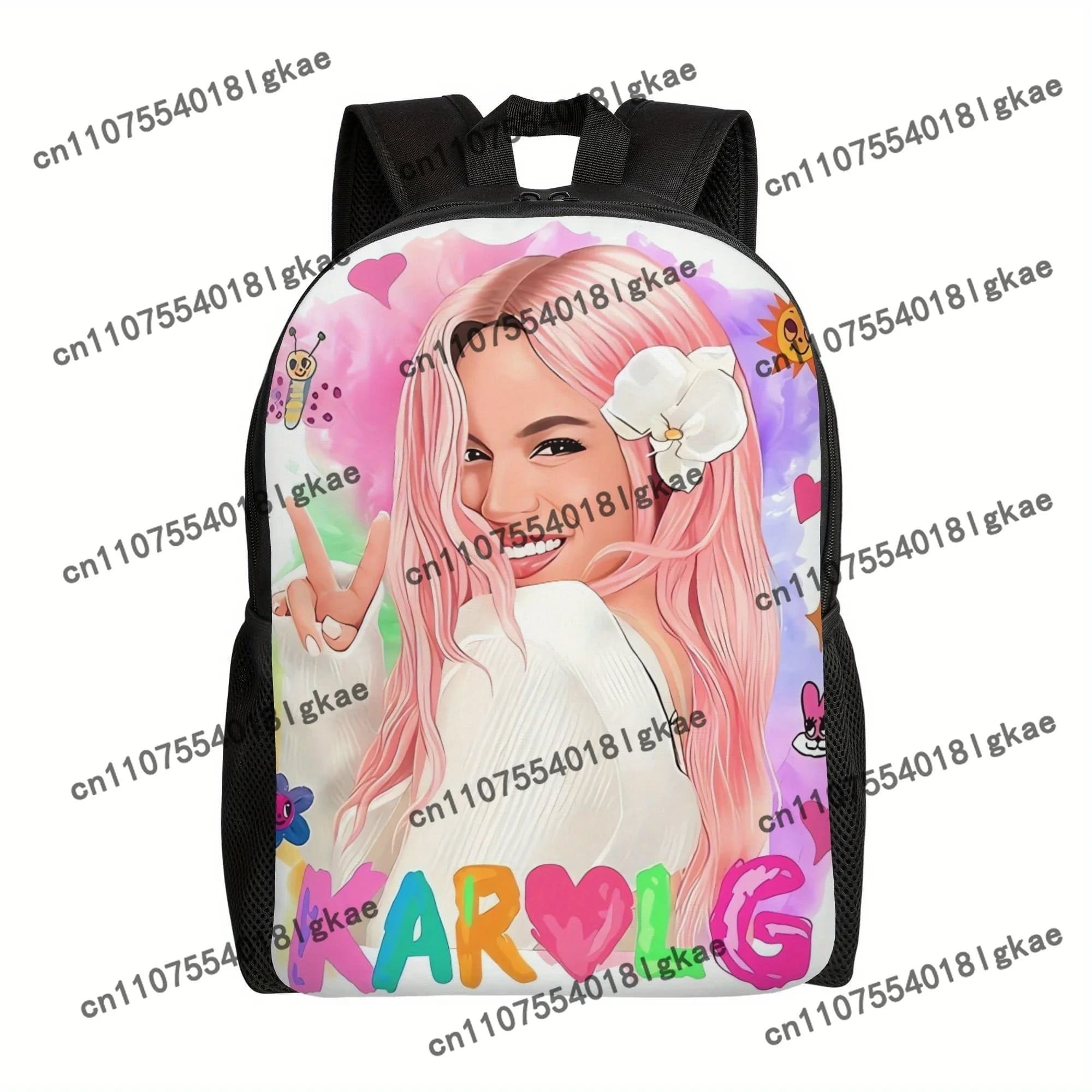 Karol G Backpack - Colorful Cartoon Design with Pink Hair & Floral Accents, Durable Fabric School Bag for Students, Light Travel