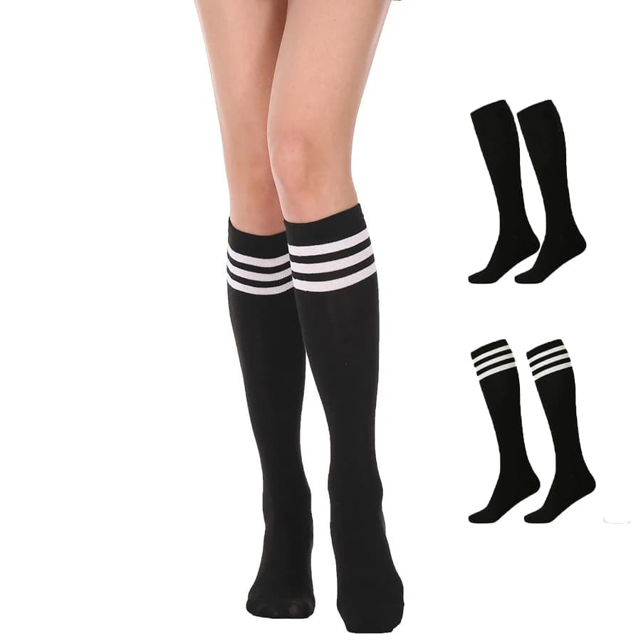 Calze al ginocchio a righe da donna, calze classiche a 3 righe bianche, calze sportive casual per uniforme scolastica, calcio e uso quotidiano