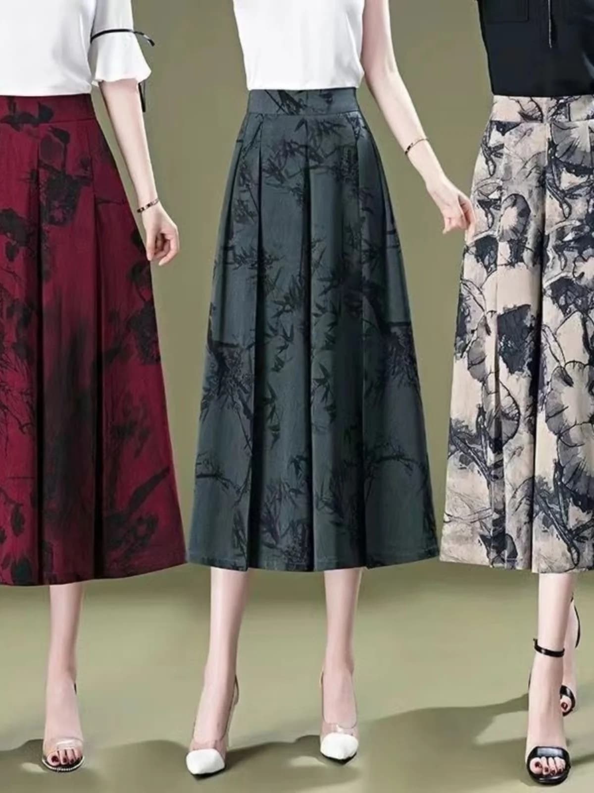 High Waist Wide Leg Skirt Pants Women's Summer Thin Ice Silk Print Loose Fit Casual Trousers for Middle-Aged And Elderly