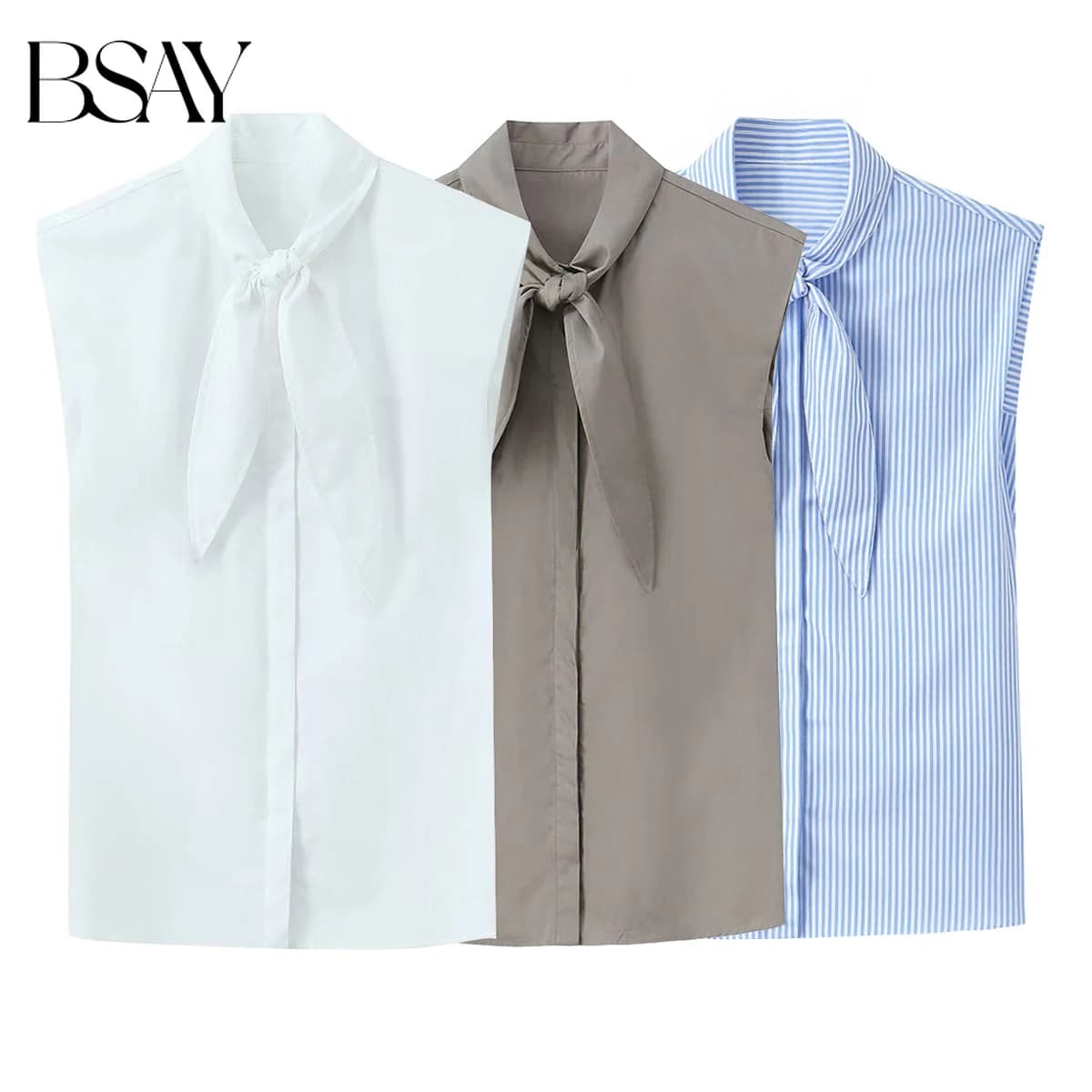 BSAY Camicia Bianca con Fiocco 2026 Nuova Collezione Estiva Minimalista Senza Maniche Bluse a Righe Effetto Snellente Casual Chic Top da Donna Mujer