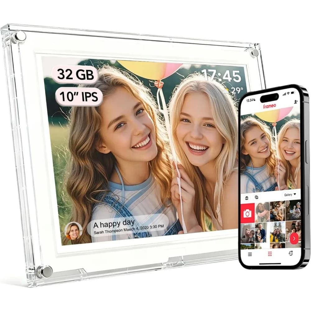 Cornice Digitale in Acrilico da 10.1 Pollici, Cornice Fotografica Smart WiFi con Schermo Touch IPS HD da 32GB, Condividi Foto e Video con la Famiglia