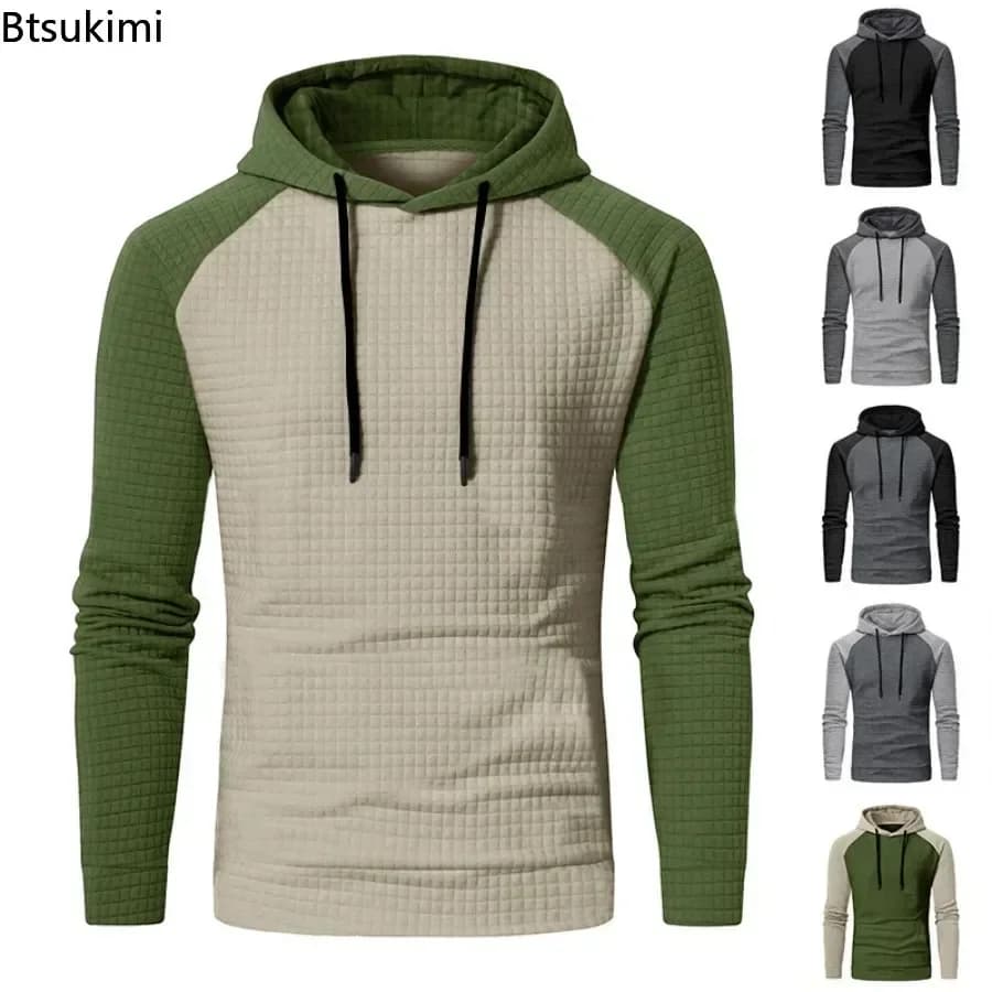 2026 Men's Hoodies Tops Jacquard Plaid Men Patchwork Autumn Winter Long Sleeve Pullovers Colorblock Casual Sweatshirts for Male