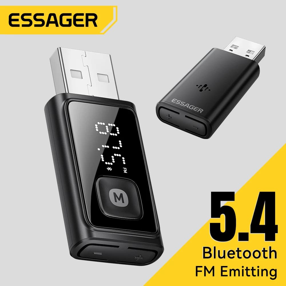ESSAGER Adattatore Bluetooth 5.4 per Auto, Trasmettitore FM Wireless, Ricevitore Audio e Chiamate Vivavoce, Microfono Stereo Auto, Accessori per Auto