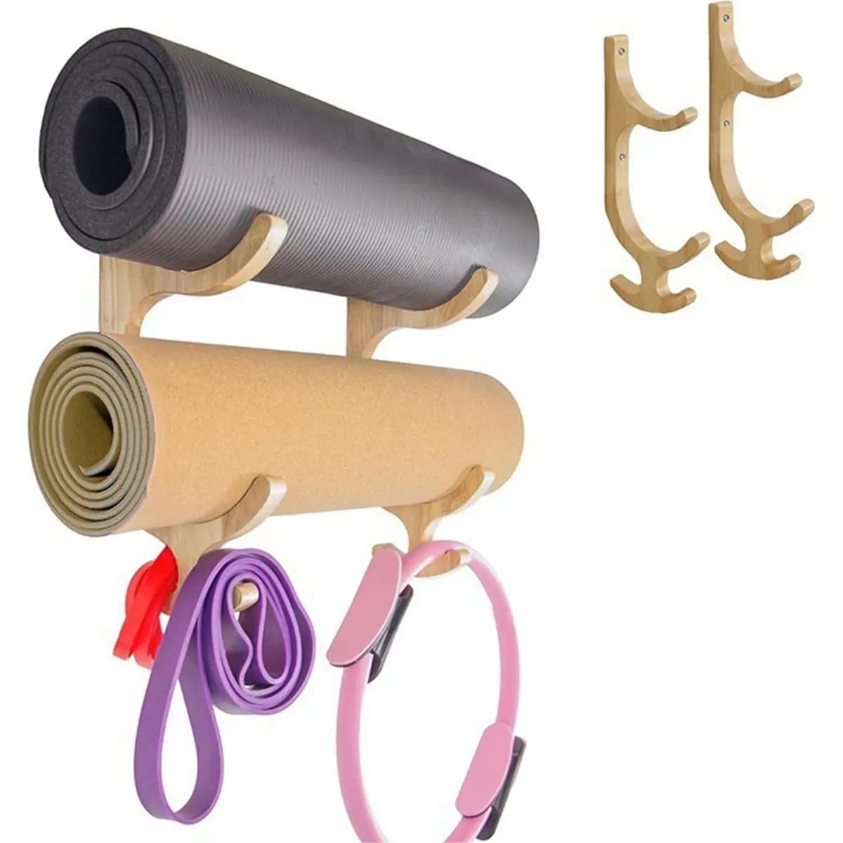 2pcs Wooden Yoga Mat Holder Wall Mount with 4 Hooks for Efficient Storage and Easy Access