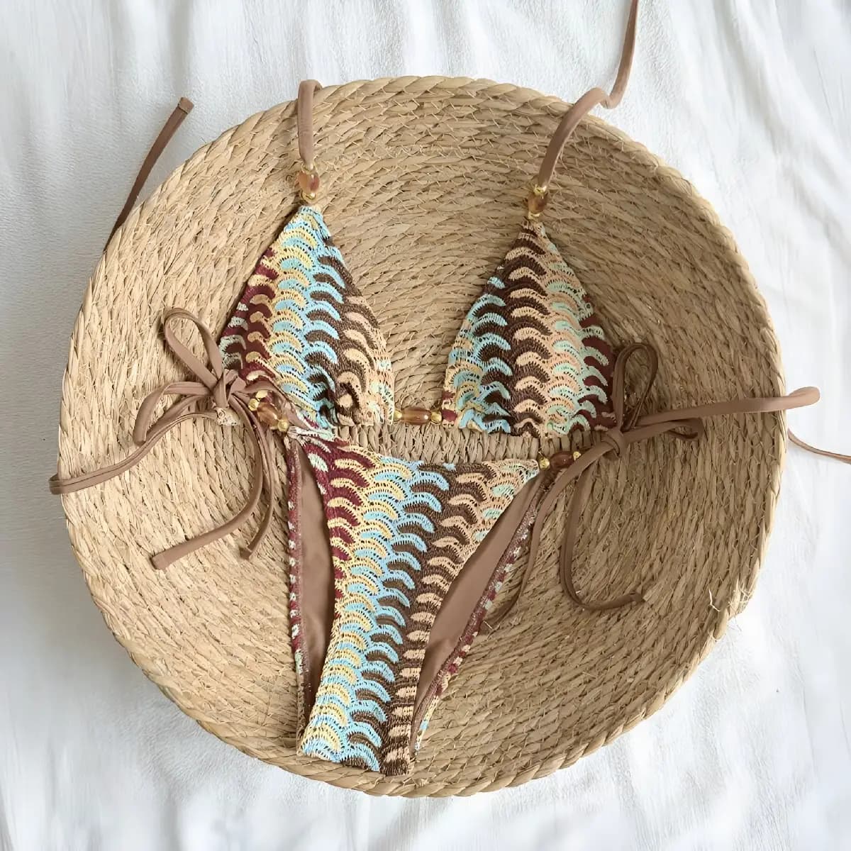 Boho Crochet Beaded Bikini Set Women Halter Triangle Side Tie Two‑Piece Swimwear Beach Bathing Suit