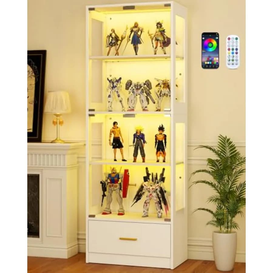 Glass Display Cabinet with Doors - Curio Cabinet for Collectibles, 67 White Narrow Cabinet with Dynamic LED Lights, 4-Tier Shel